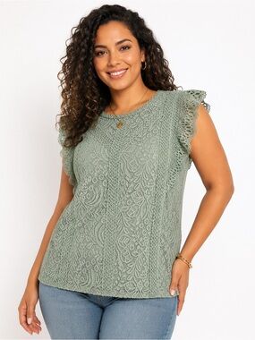 Cable & Gauge Sage Green Lace Blouse Large Flutter Sleeve Crochet Boho Top